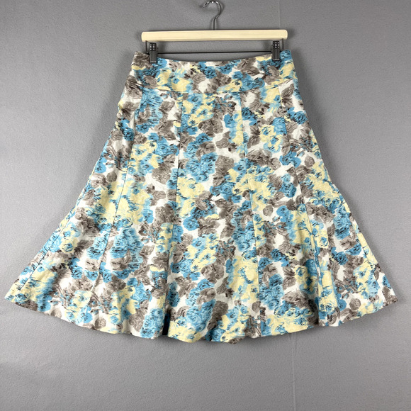 Boden Linen Blend Skirt Womens 14L Blue Floral A Line Midi Lined Classic Preppy